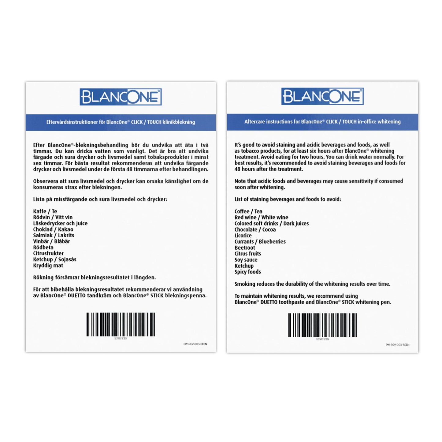 BlancOne® Eftervårdsinstruktioner för klinikblekning 50pcs